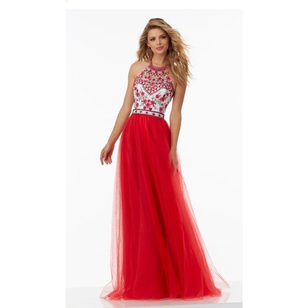 Blondie Nites Red Embroidered Floral Prom Dress Size 7 Boho Halter Top Formal